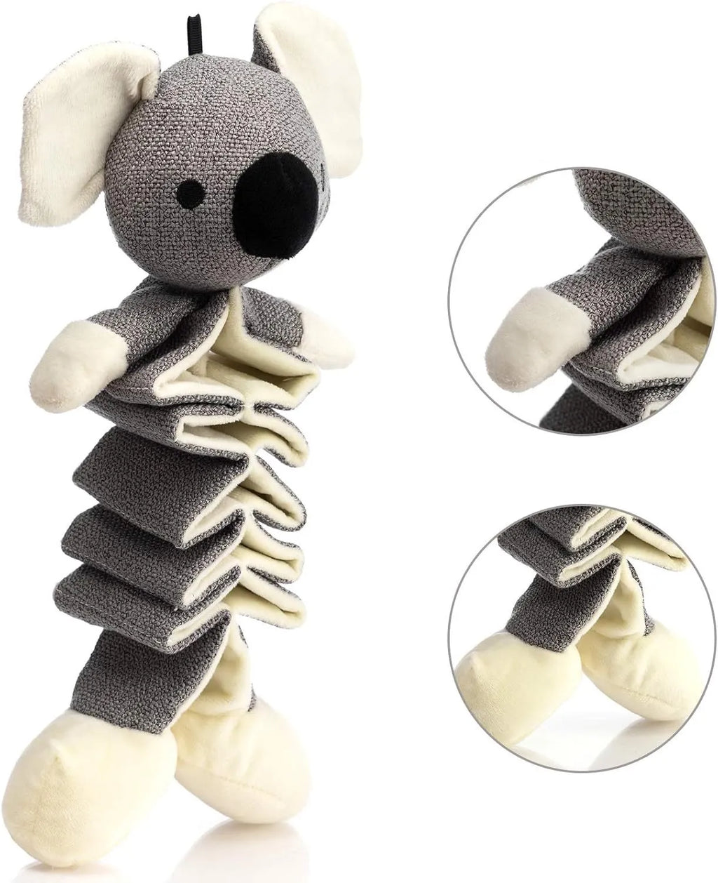 Grey koala squeaky dog toy with crinkle paper, measuring 30cm long.
