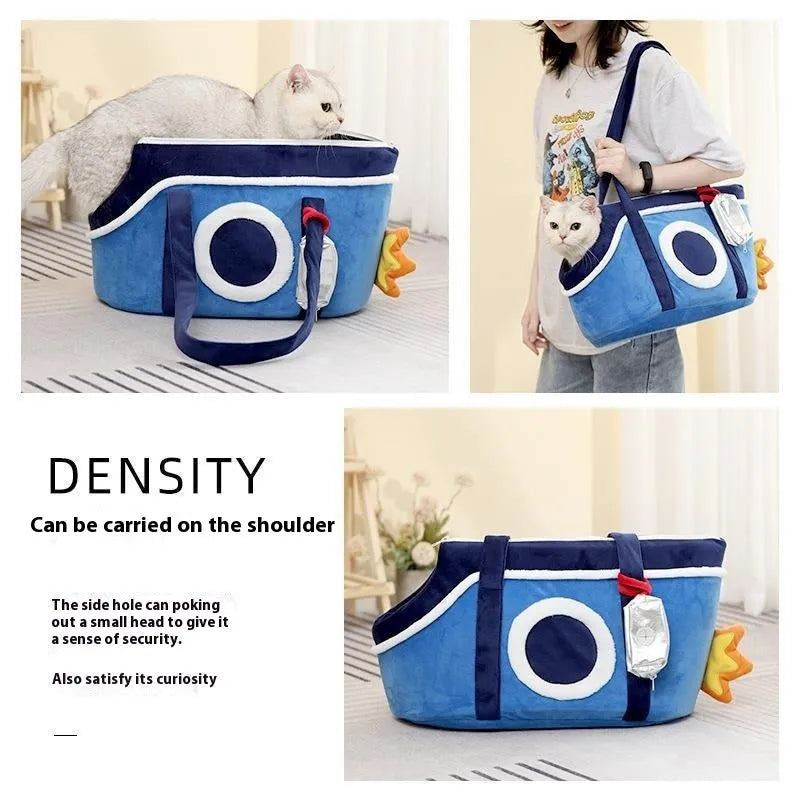 Short plush shoulder cat bag with cartoon pattern in green, red, or yellow colour options