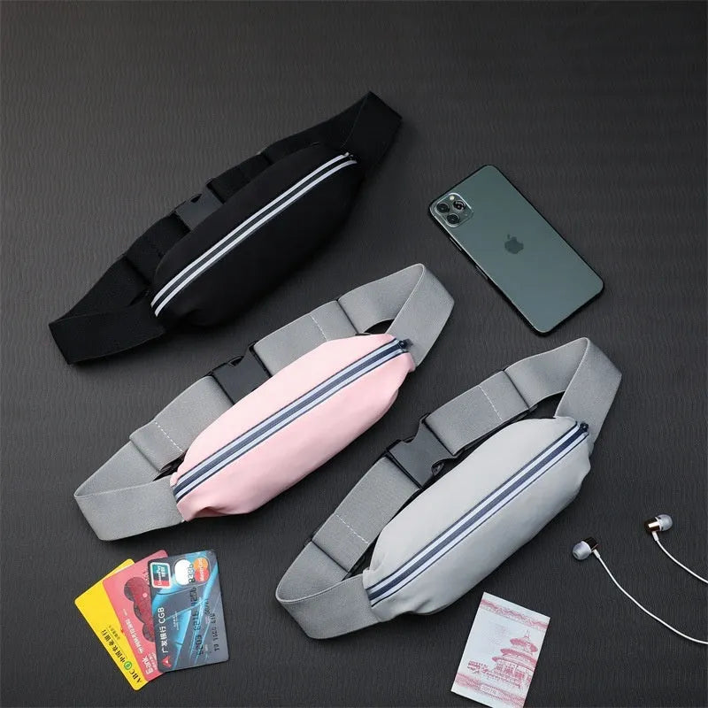 Waterproof nylon outdoor sports waist bag in black worn by runner, ultra-thin design
