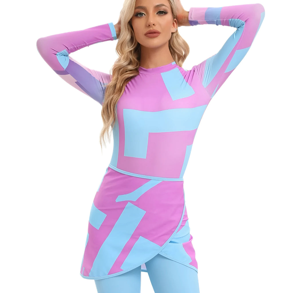 Conservative Muslim print swimsuit three-piece set with matching apron in Sapphire colour