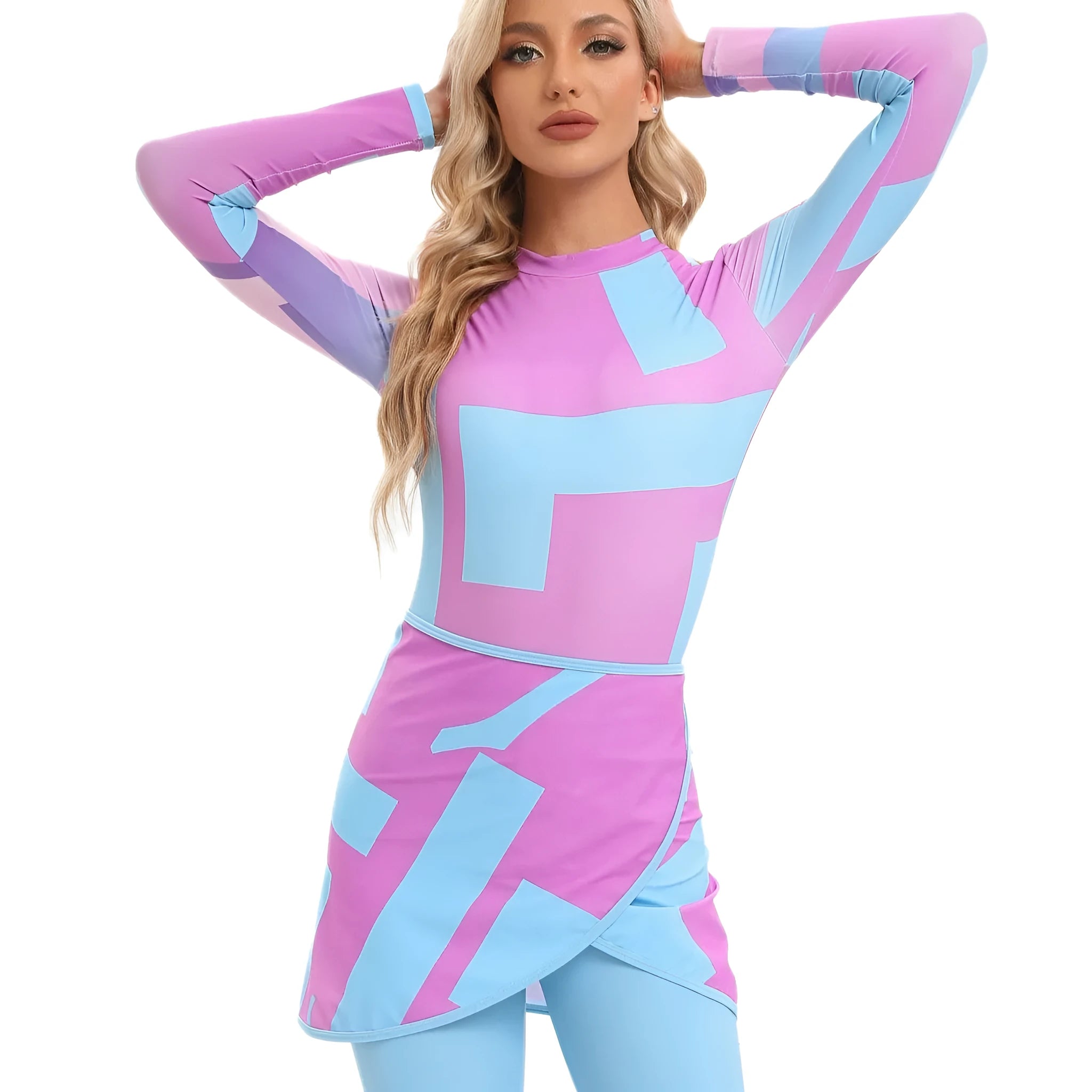 Conservative Muslim print swimsuit three-piece set with matching apron in Sapphire colour