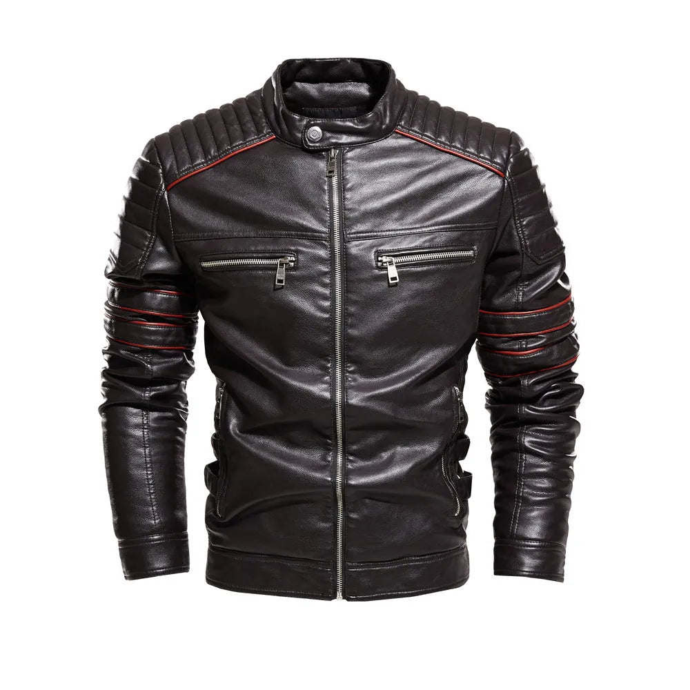 Men's motorcycle jacket with stand-up collar in black, red, or brown, plus velvet lining, sizes L-3XL