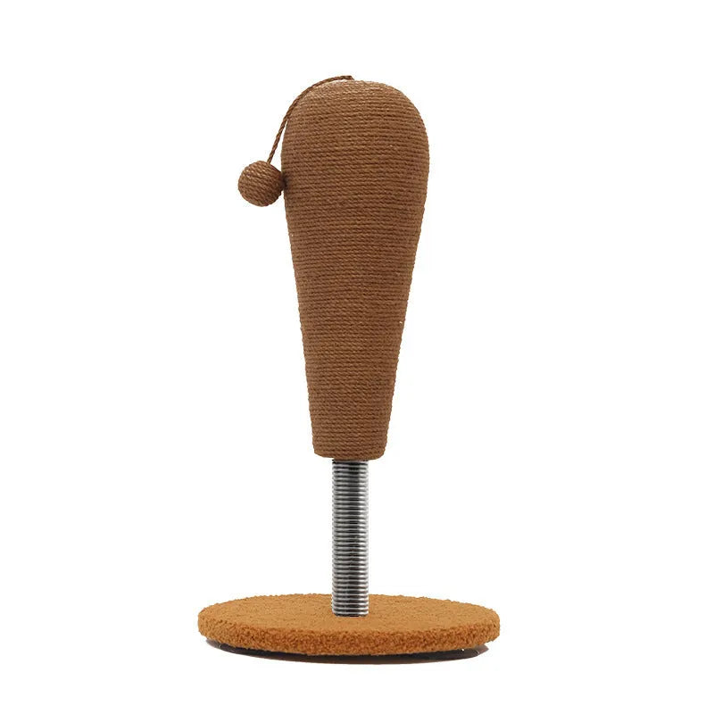 Natural hemp rope cat scratching post with a dangling felt toy ball, shown in large and small size options.