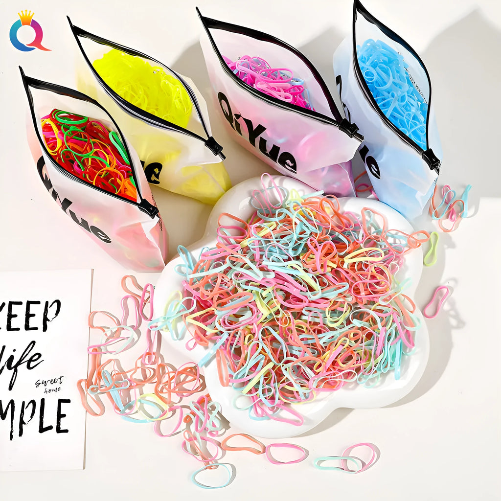 Children's hair rubber bands in various colours, cartoon Korean style, strong pull, disposable, 1000pcs or 500pcs pack.