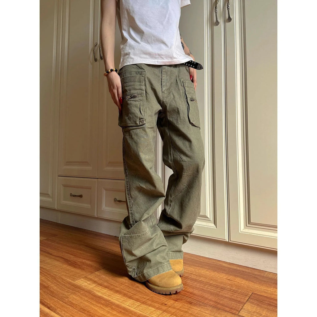 Green double zipper cotton workwear casual pants with a pocket, shown in mid-waist overalls style.
