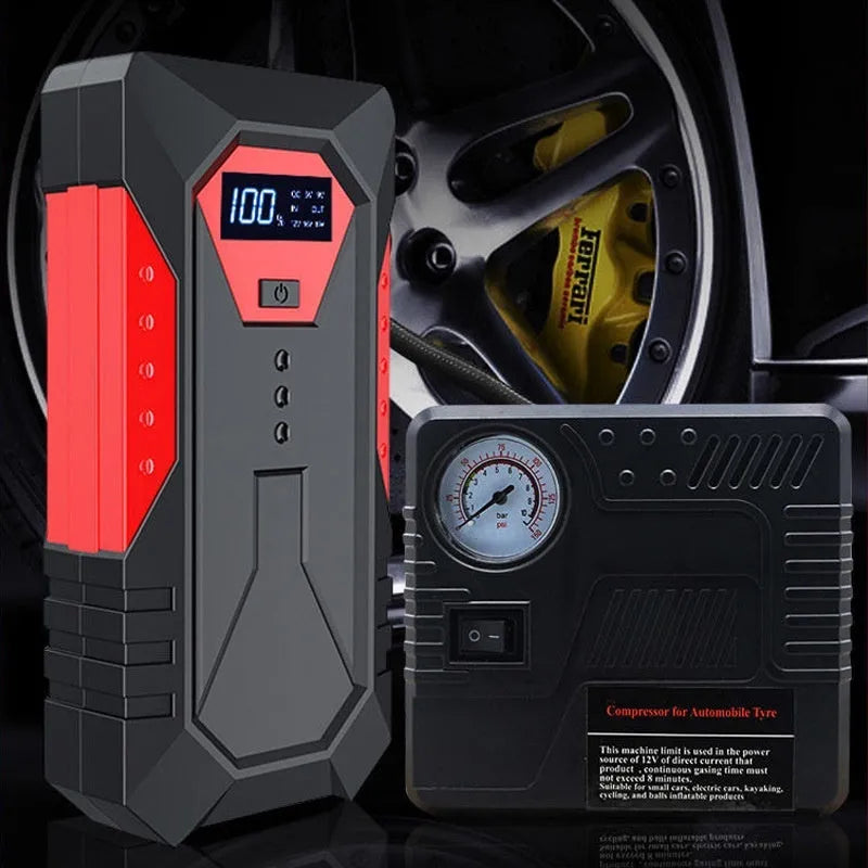 Red 12V car battery jump starter emergency power bank with battery clamps and cable
