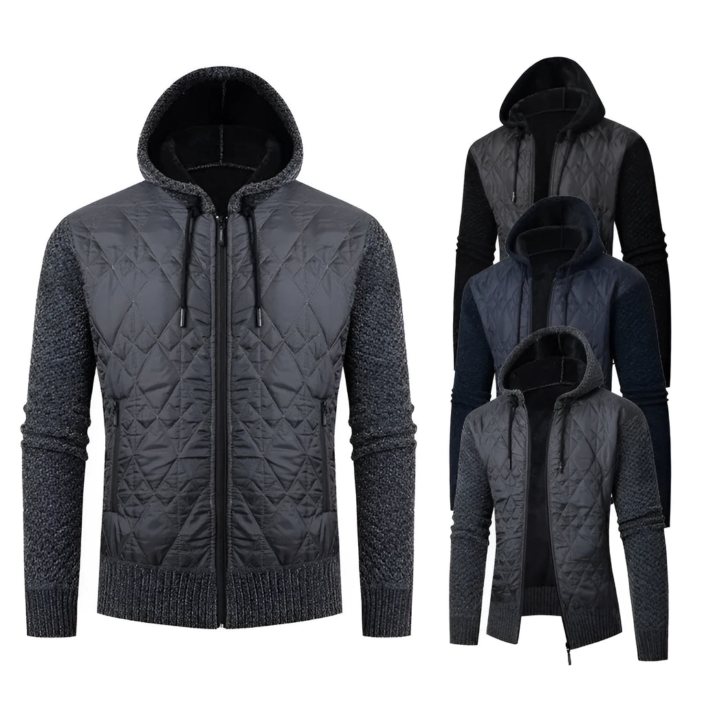 Men's grey hooded corduroy sweater coat with a cinched waist on a hanger.