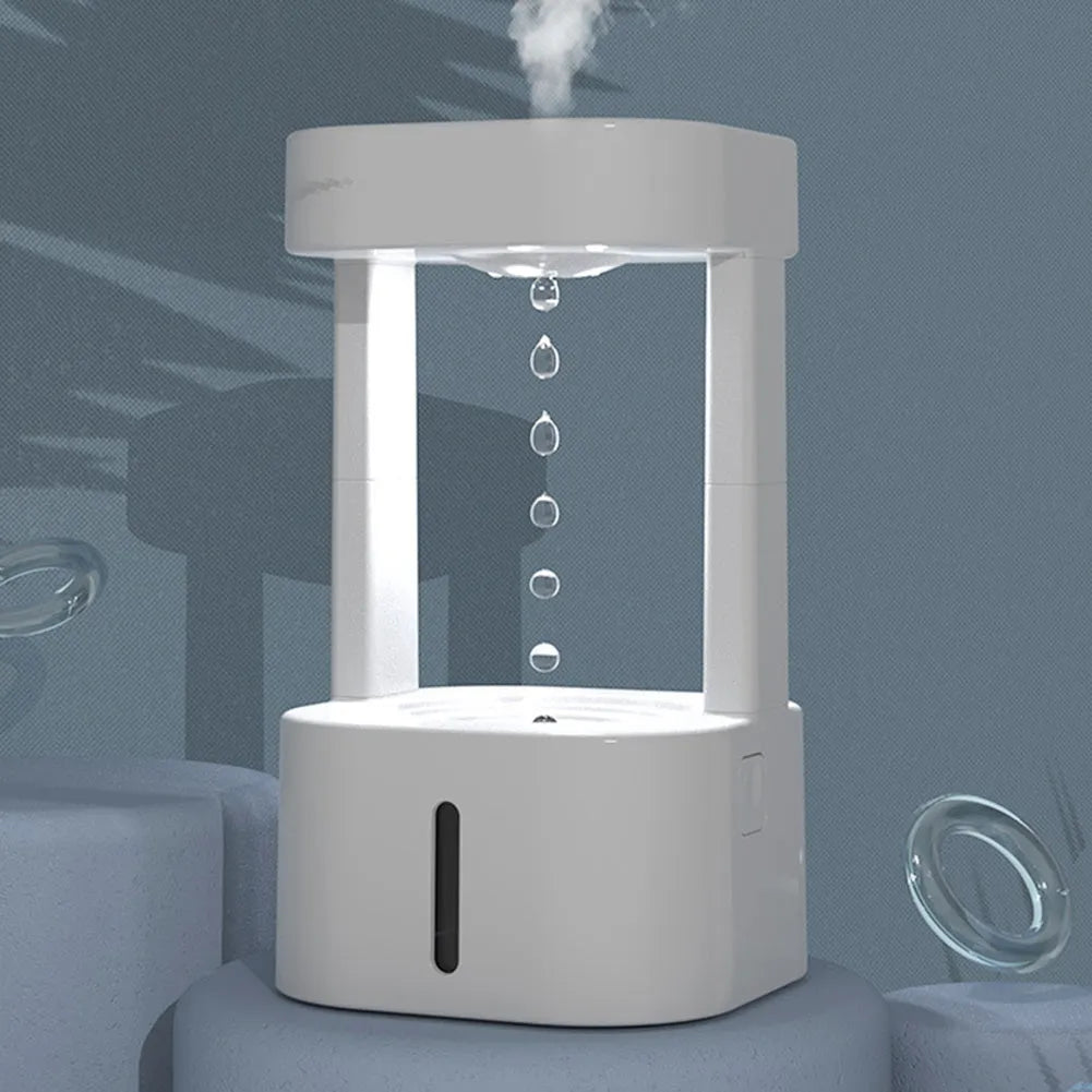 Anti-gravity water drop humidifier with optical illusion water flow and 580ml tank