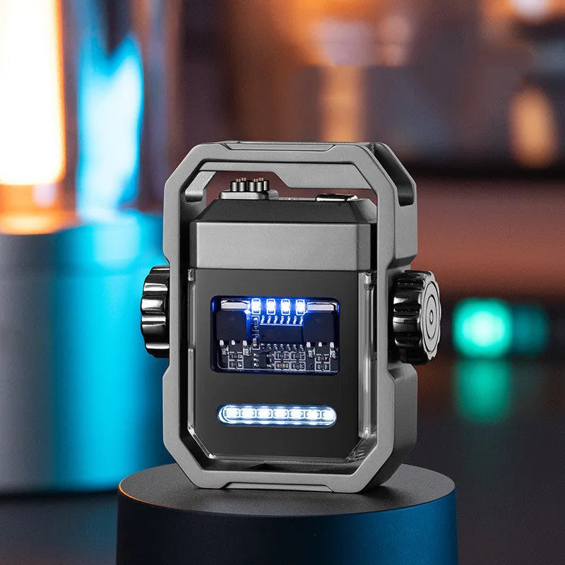 Blue zinc alloy electric lighter with a spinning gyroscope and a visible double ignition arc.
