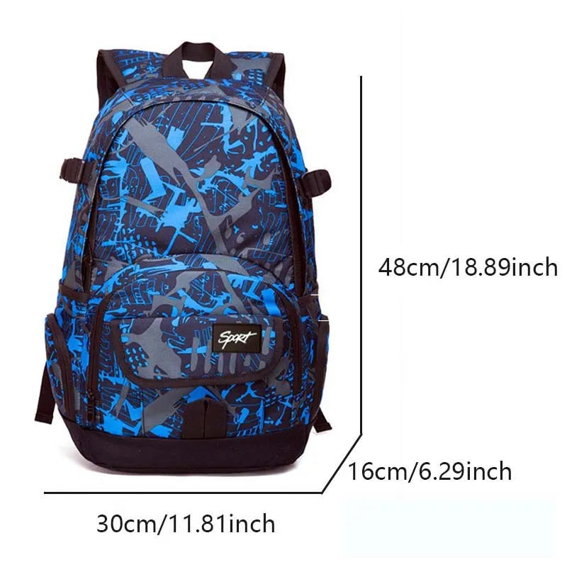Blue classic nylon backpack with multiple pockets and adjustable padded straps, shown closed.