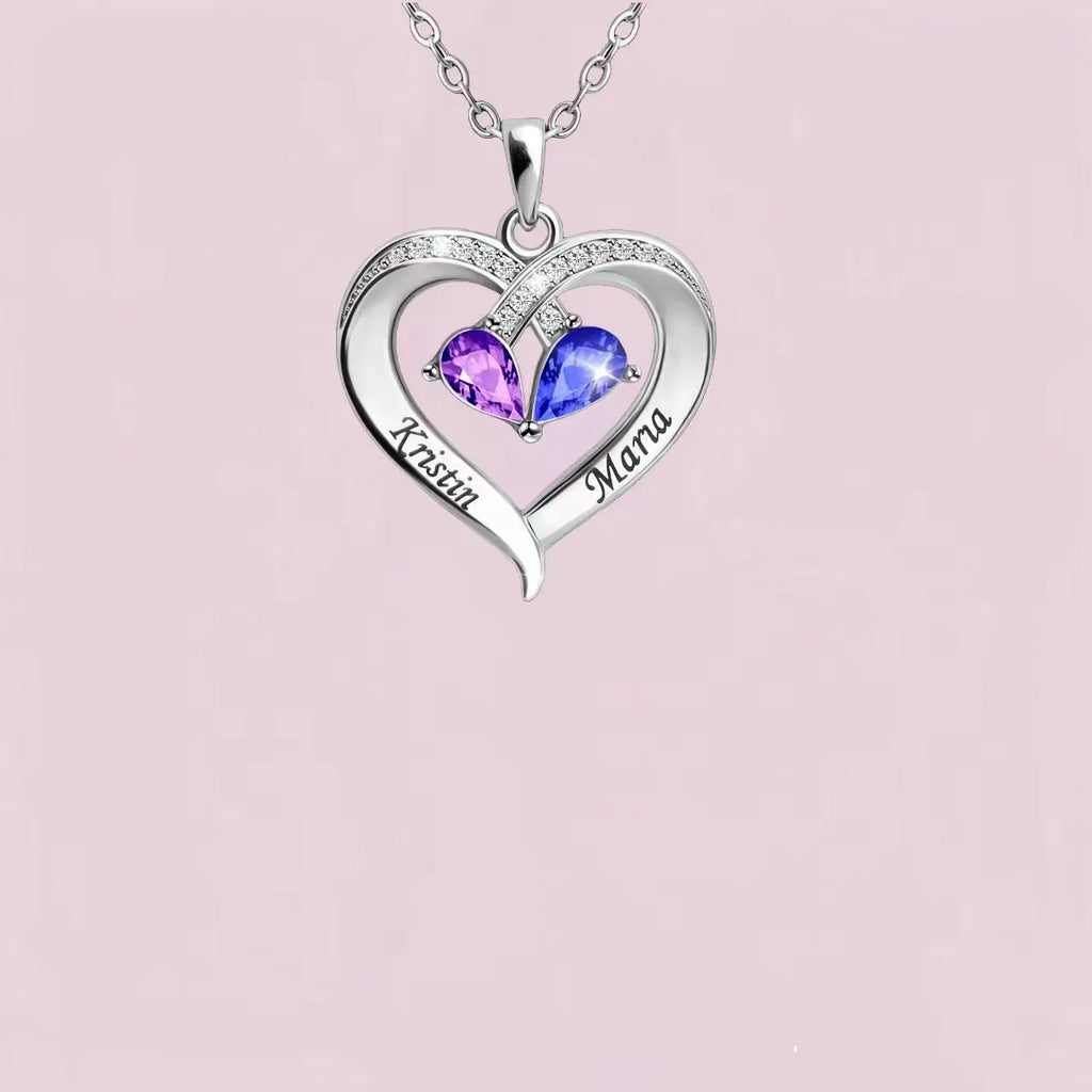 Two-colour water drop heart pendant necklace with birthstones and diamond accents on copper chain