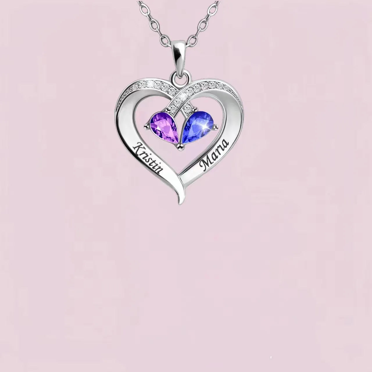 Two-colour water drop heart pendant necklace with birthstones and diamond accents on copper chain