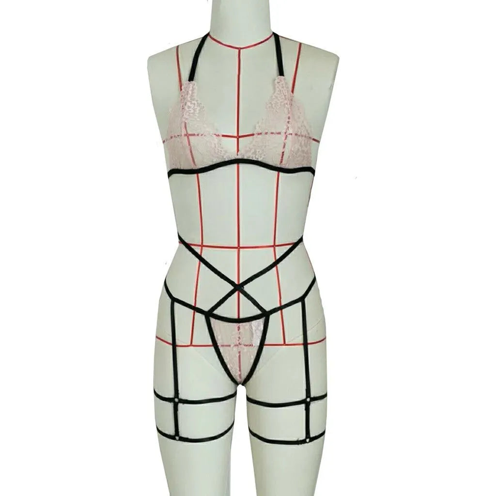 Pink three-point lace lingerie set with leg straps, nylon fabric, sizes S to 3XL