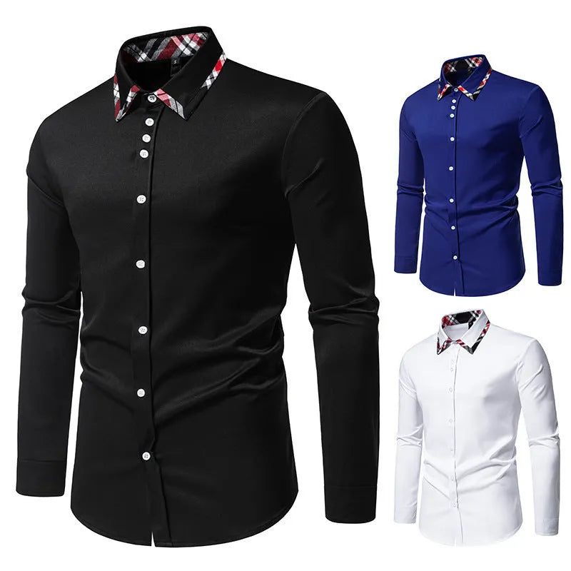Men's blue plaid long sleeve shirt with a triangle collar and contrasting trim.