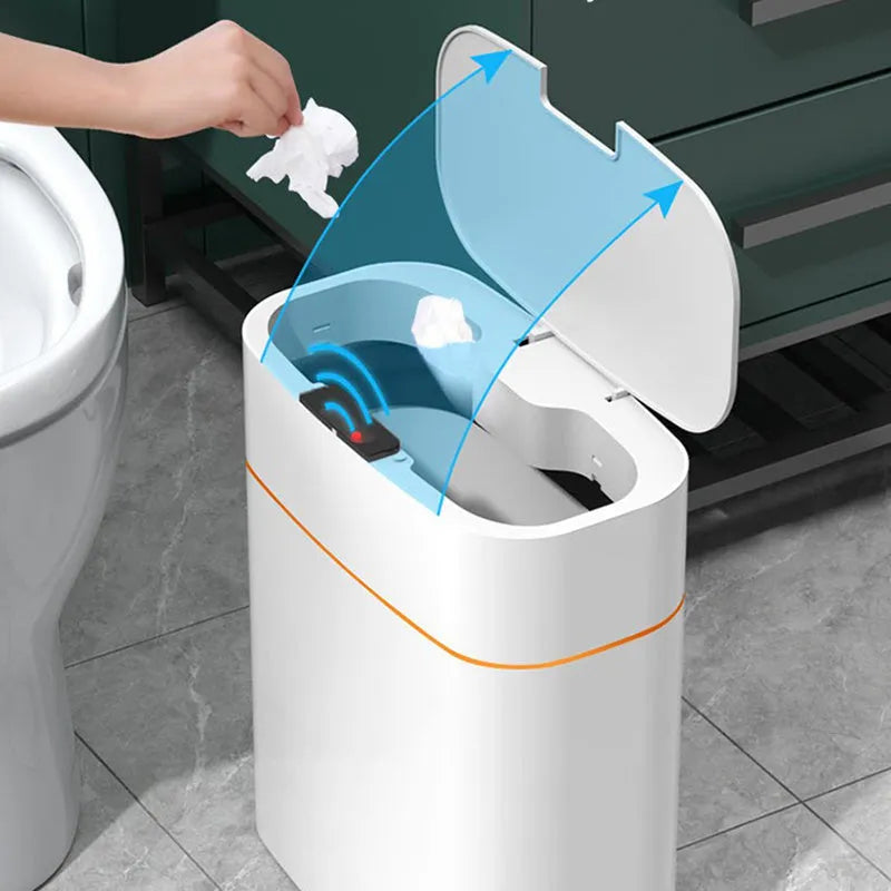 White smart dustbin with automatic sensor lid open, showing 16L capacity.