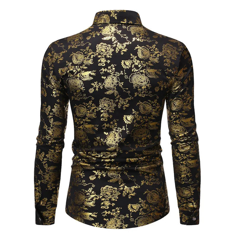 Man wearing a metallic bronzing print cardigan shirt in elastic polyester fabric.