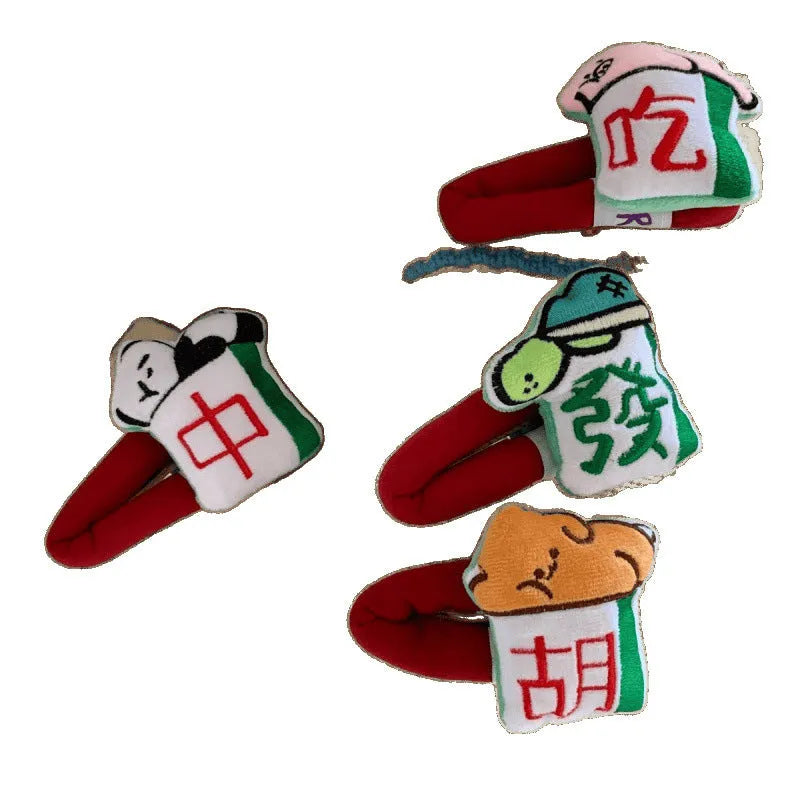 Retro mahjong sponge bang clip hairpin with Chinese character wording, single New Year hair accessory