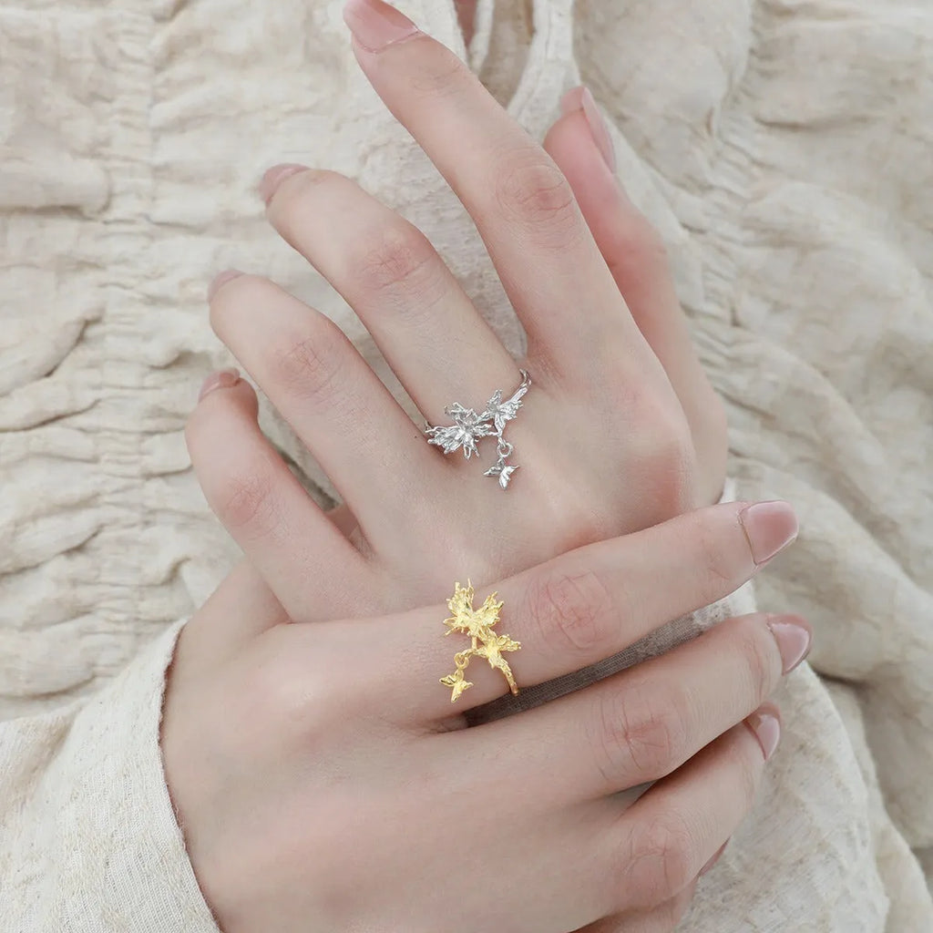 Adjustable silver butterfly ring with original wild butterfly design in electroplated gold or white gold finish