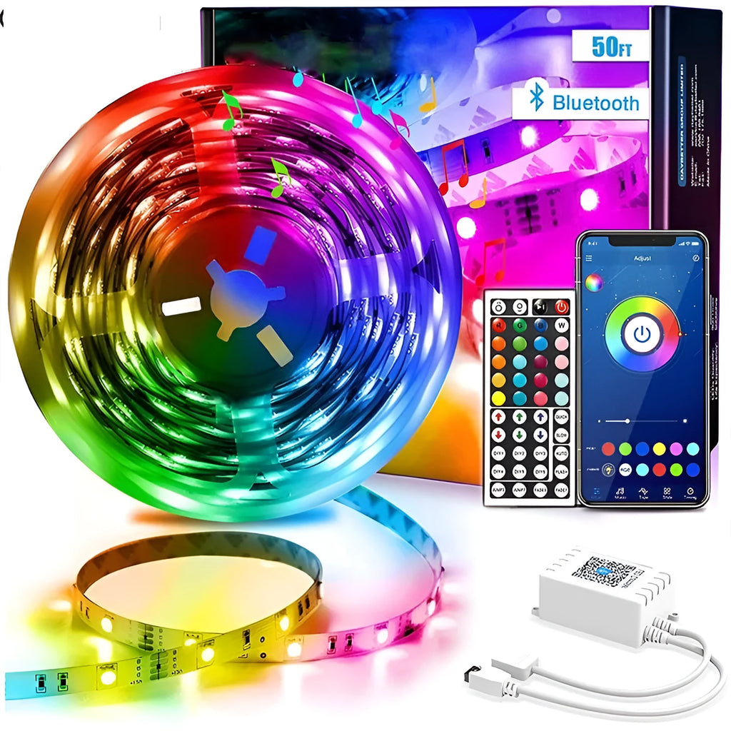 Roll of 5050 RGB LED strip light with Bluetooth remote and power adapter on a white background.