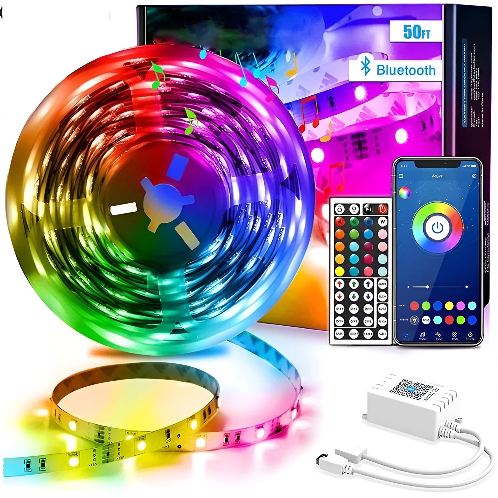 Roll of 5050 RGB LED strip light with Bluetooth remote and power adapter on a white background.