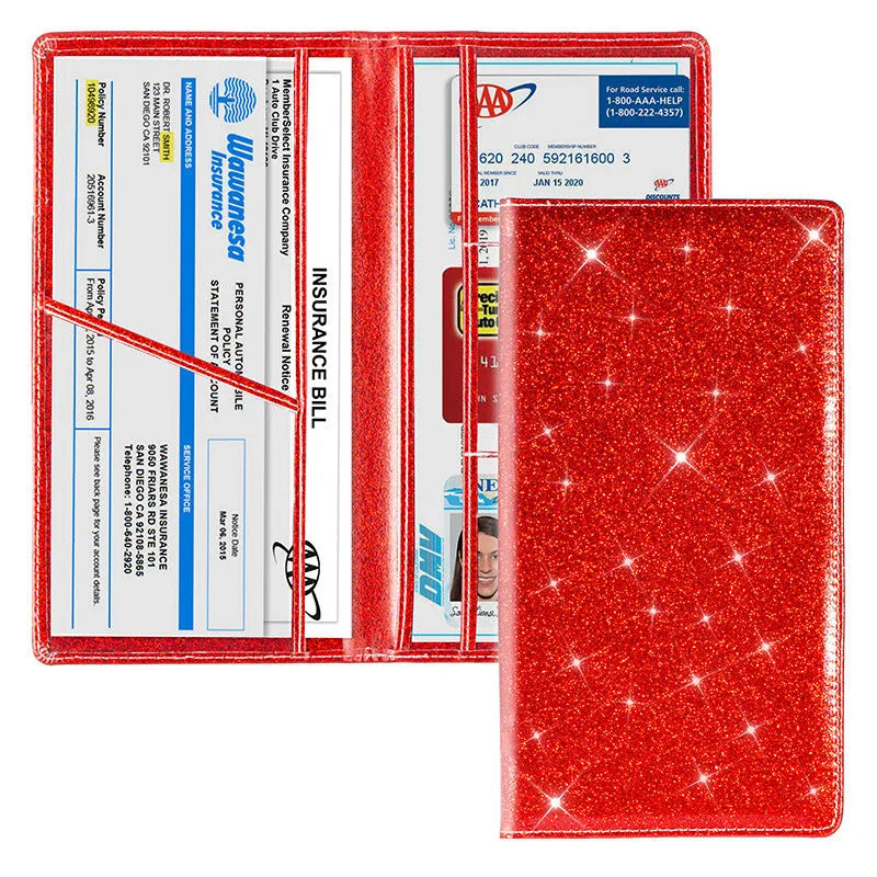 Purple PU leather car insurance and registration document wallet lying flat, showing its slim 24cm profile.