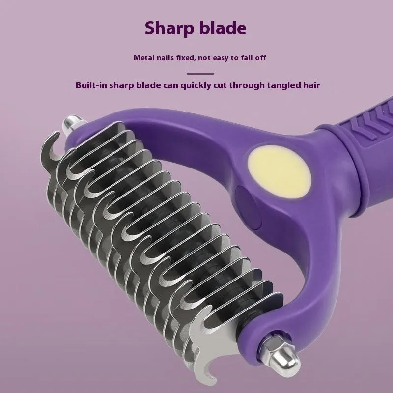Purple plastic double-sided pet comb for dogs with knot removal and fine deshedding teeth.