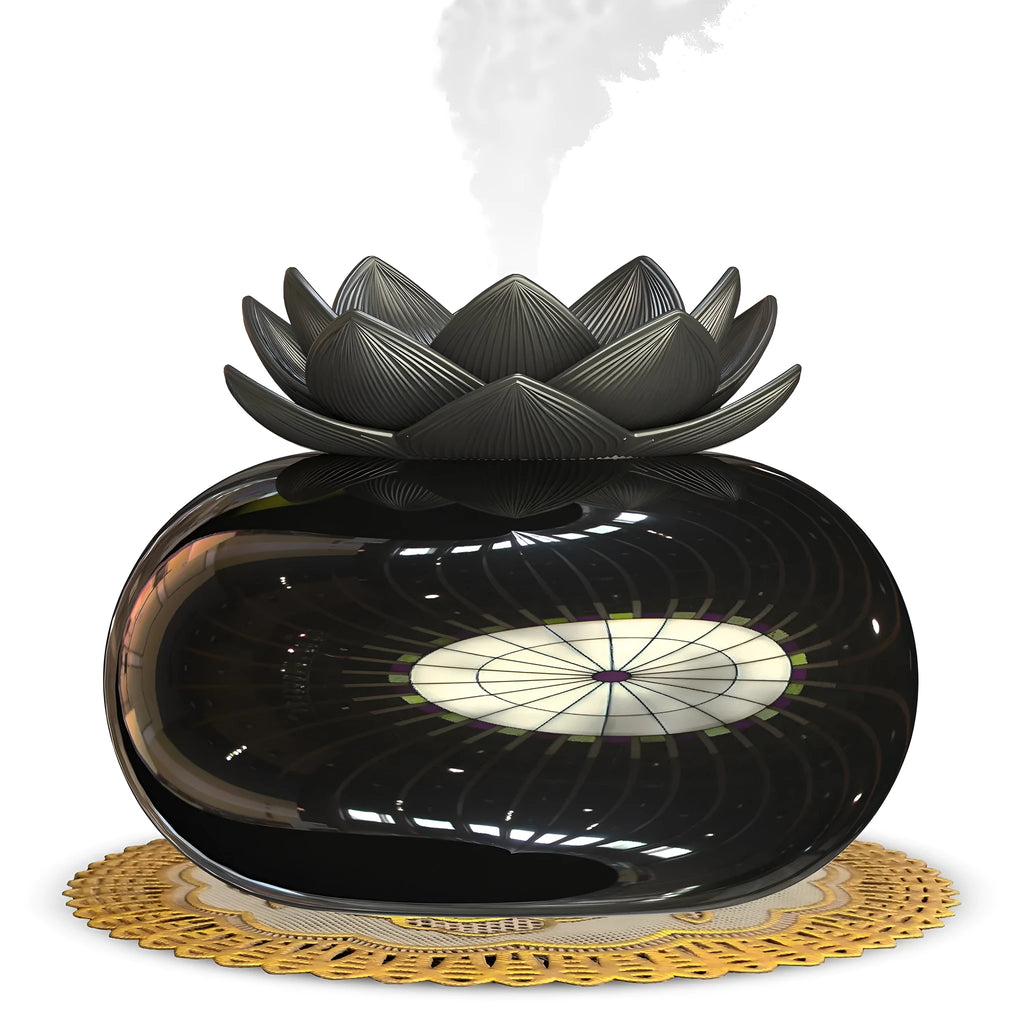 Pure black round lotus aromatherapy humidifier with USB cable connection and mechanical controls