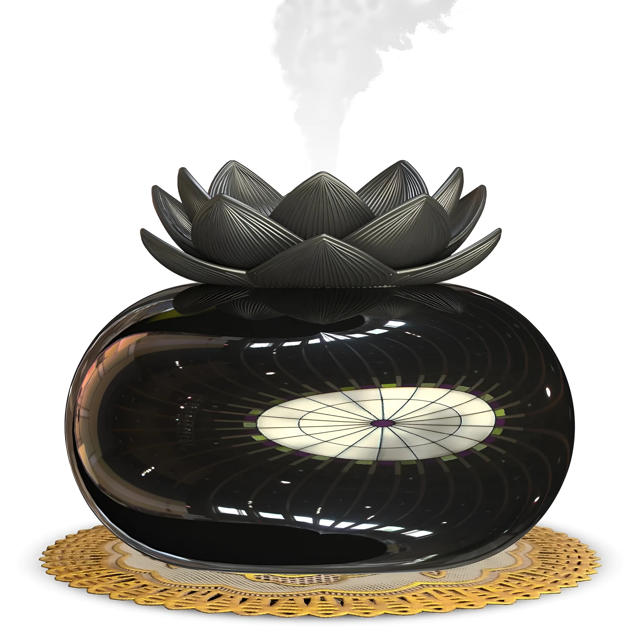 Pure black round lotus aromatherapy humidifier with USB cable connection and mechanical controls