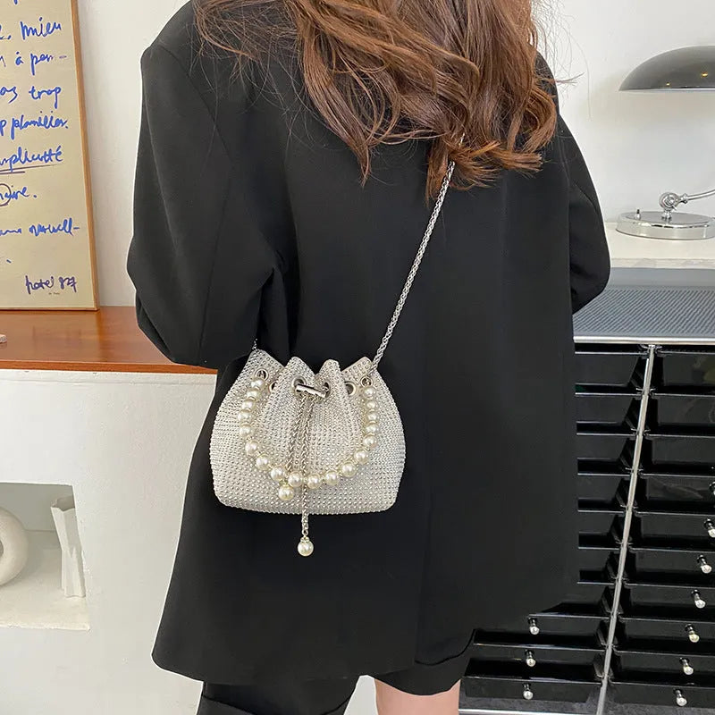 Light diamond pattern PU leather crossbody bucket bag with chain strap in multiple colours