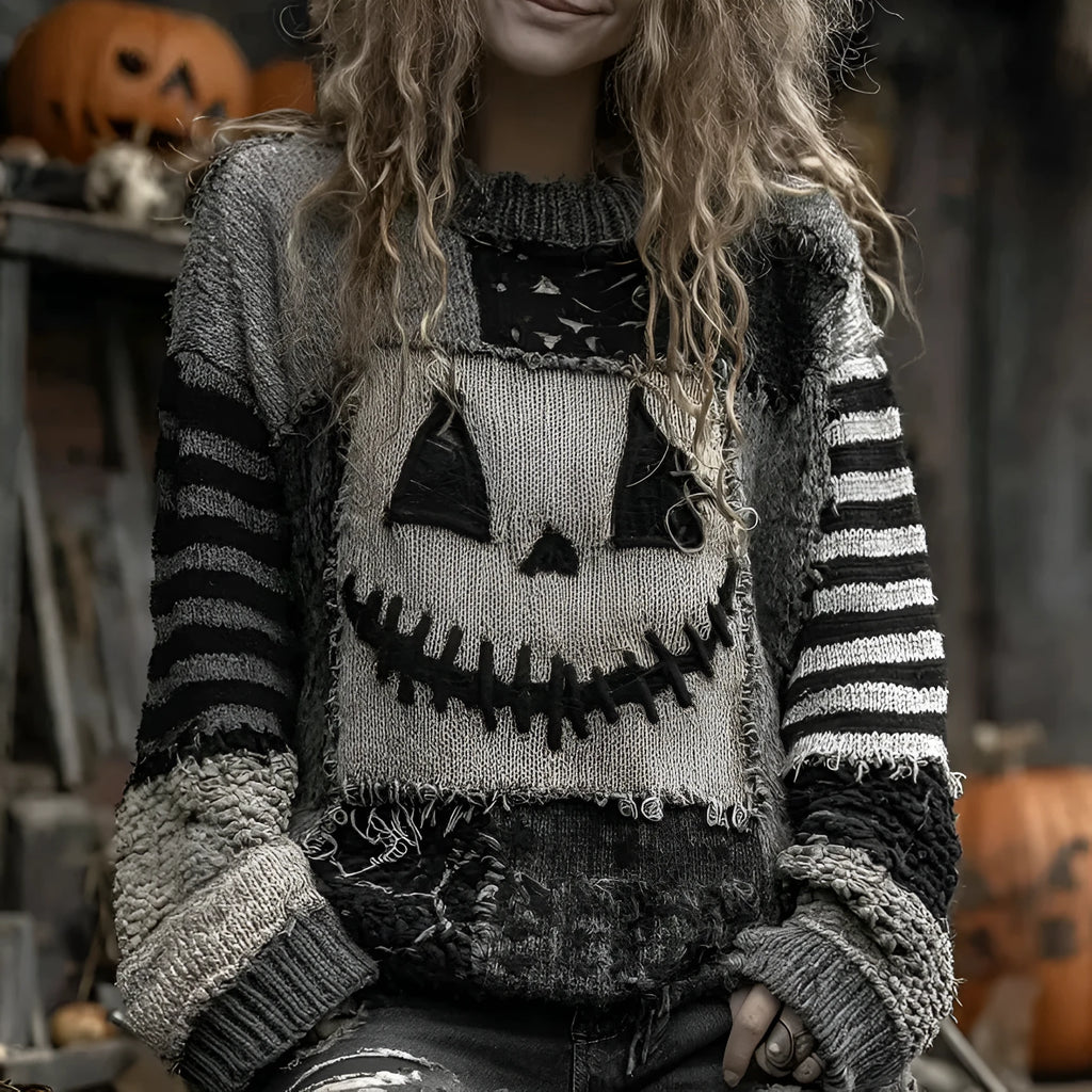 Women's digital print pullover sweater with 3D effect pattern, round neck, loose fit, long sleeves, in polyester fabric
