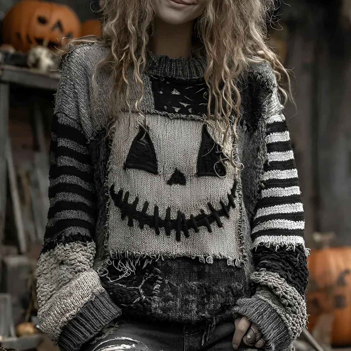 Women's digital print pullover sweater with 3D effect pattern, round neck, loose fit, long sleeves, in polyester fabric