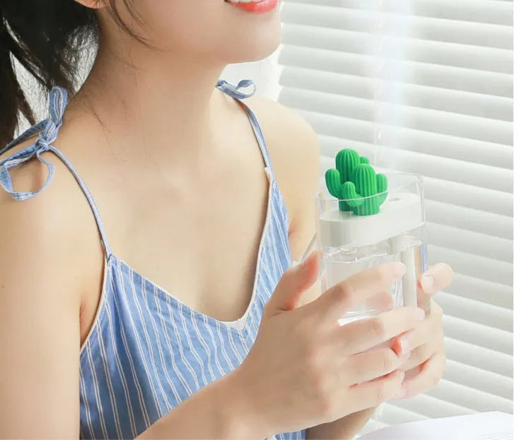 Transparent green cactus portable USB humidifier on a desktop with cable, 120x45x93mm