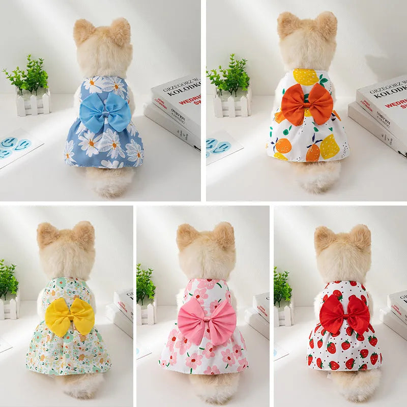 Ultra-thin summer pet dress with floral butterfly knot design for dogs and cats
