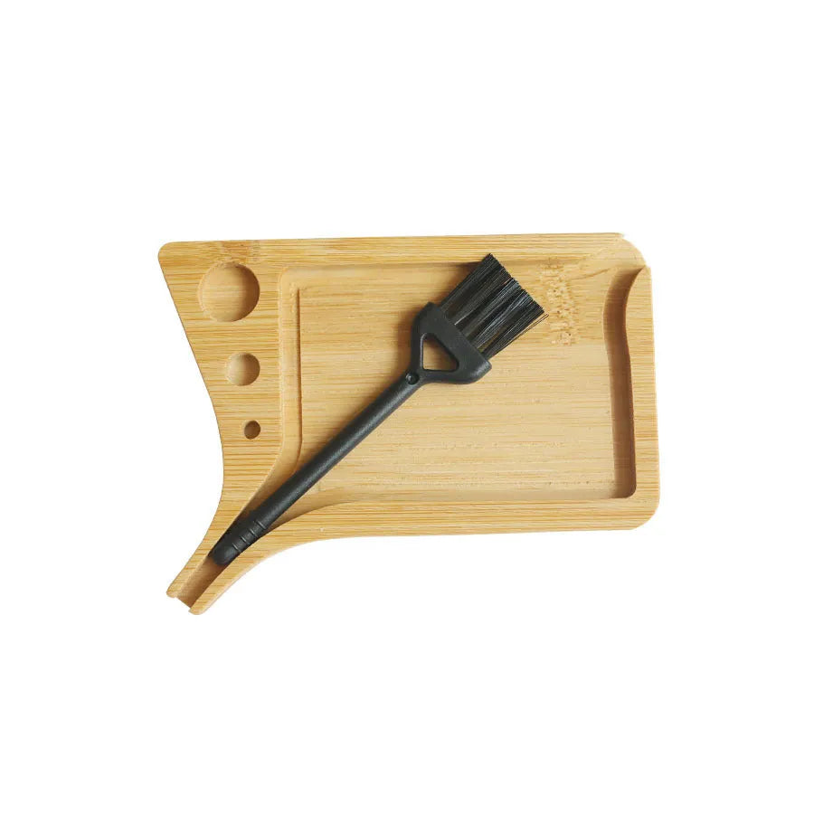 Wooden slotted funnel-type cigarette tray set in bamboo with cleaning brush, natural wood colour