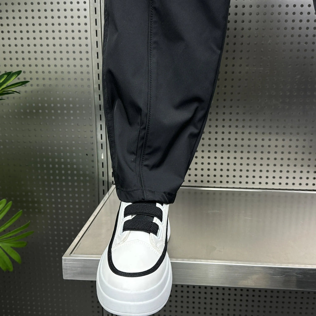 Men's casual harem trousers with high waist and elastic ankle cuffs in solid black, grey or white, sizes M to 5XL
