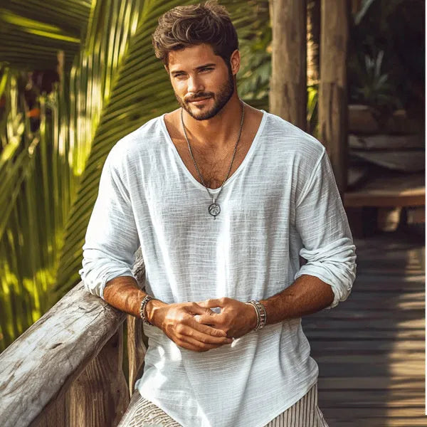 Beige V-neck long-sleeved slim fit T-shirt made from hemp blend fabric
