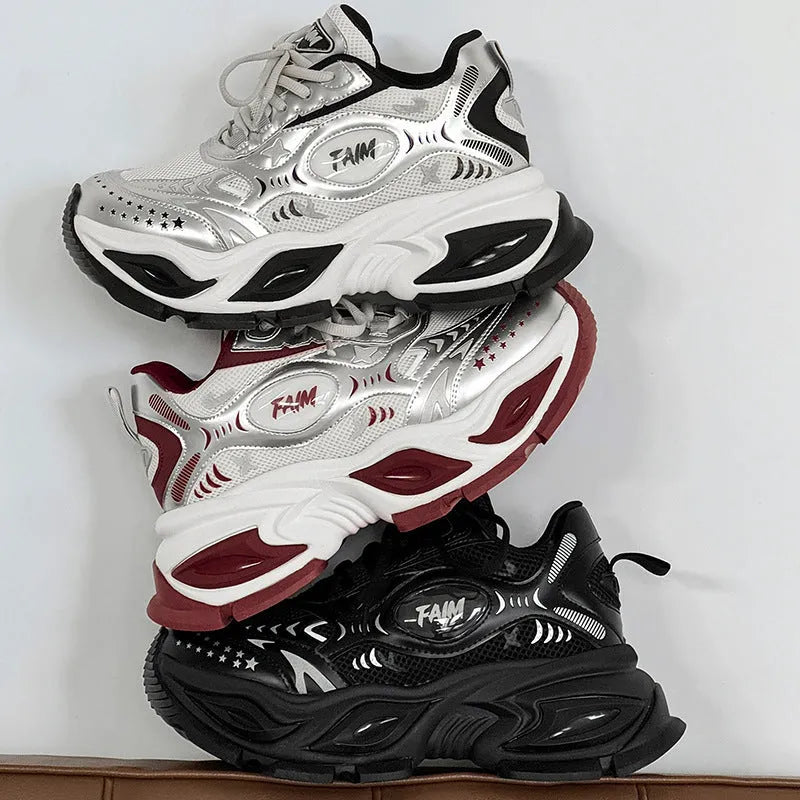 New casual men and women platform shoes with pu mesh upper, pointed toe, in black, red, silver