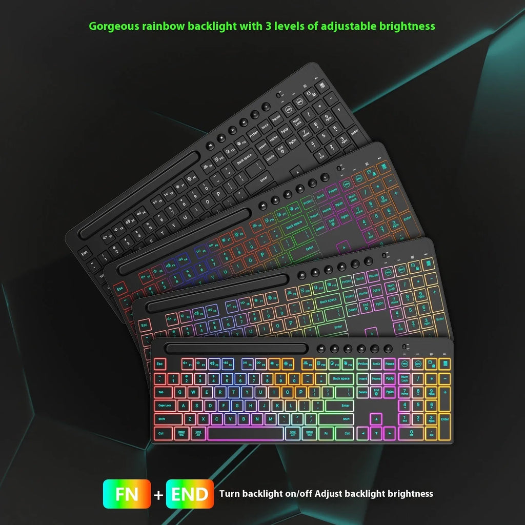 Black wireless keyboard and mouse set on a desk, showing luminous keys and integrated card slot.