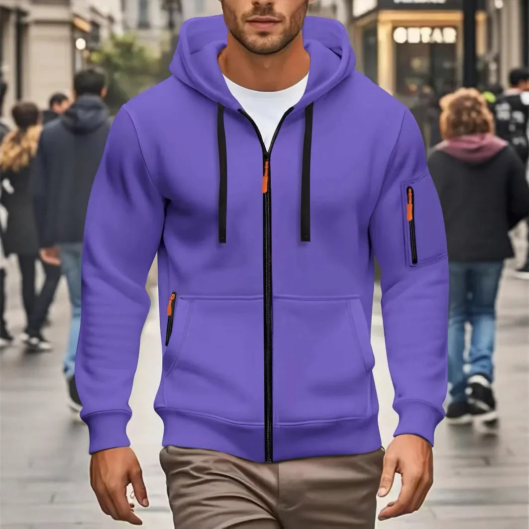 Man wearing a zip-front hooded cardigan coat in army green colour with wool lining.