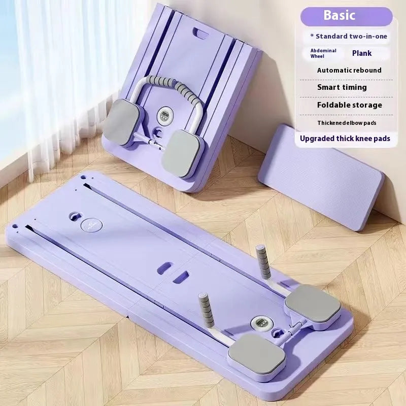 Standard purple multifunctional fitness board with integrated automatic rebound abdominal wheel for home workouts.