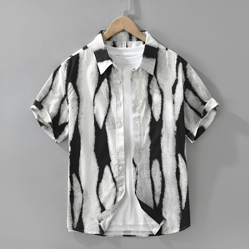 Retro striped short sleeve cotton shirt in loose cardigan fit, shown in black colour.