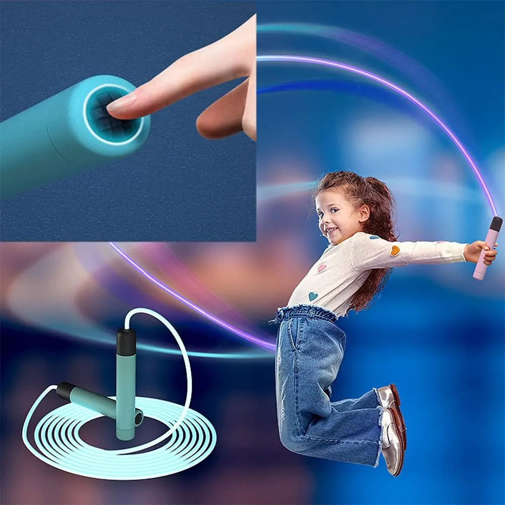 Luminous skipping rope with blue handles and glowing rope, adjustable 2.8m for fitness