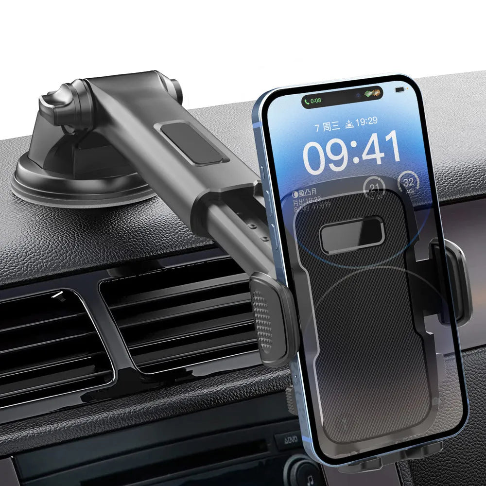 Black plastic universal car mobile phone bracket with suction mount on windscreen
