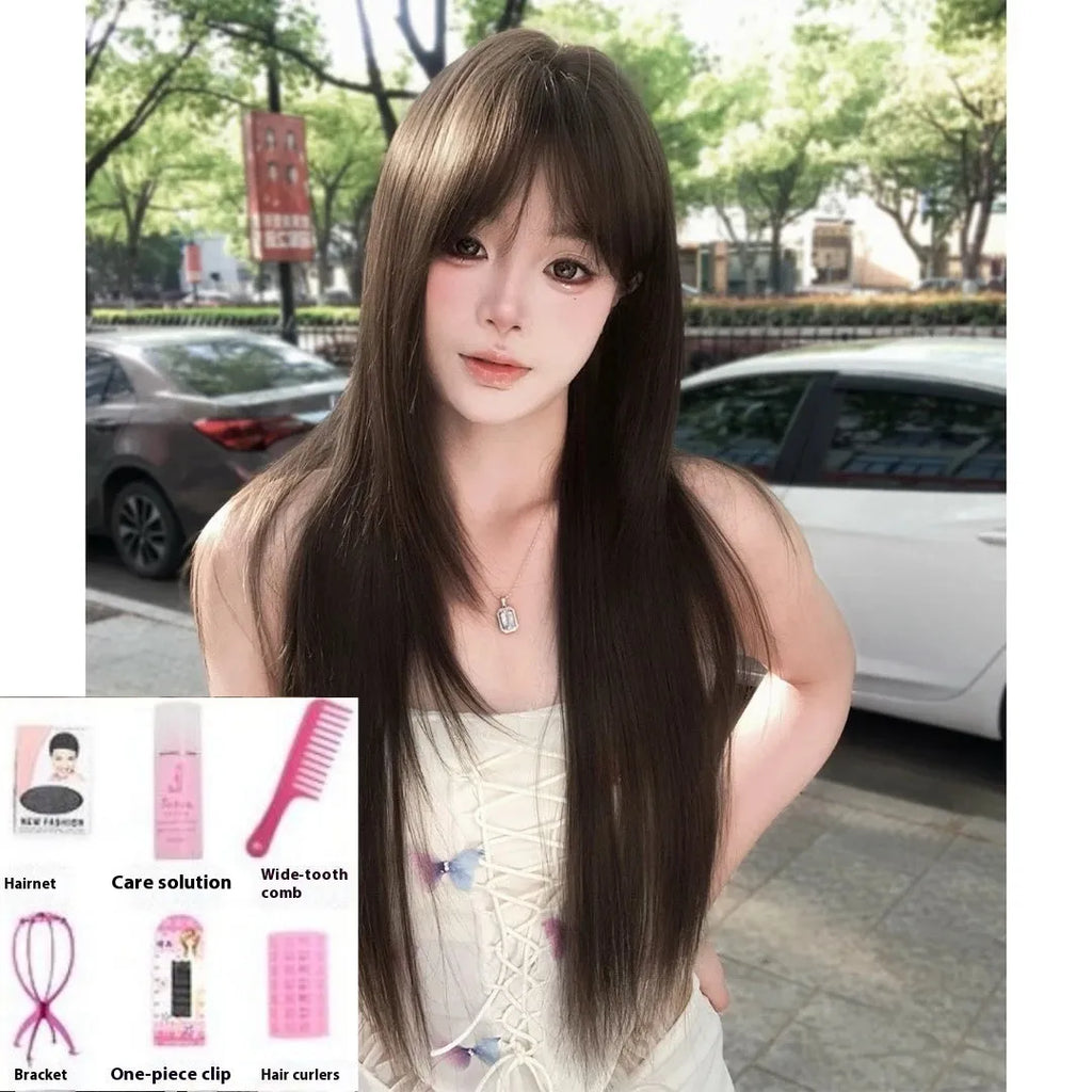 Brown-black synthetic wig with black tea colour treatment and head cover