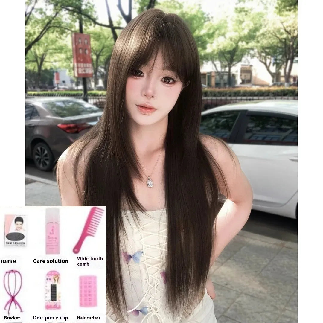 Brown-black synthetic wig with black tea colour treatment and head cover