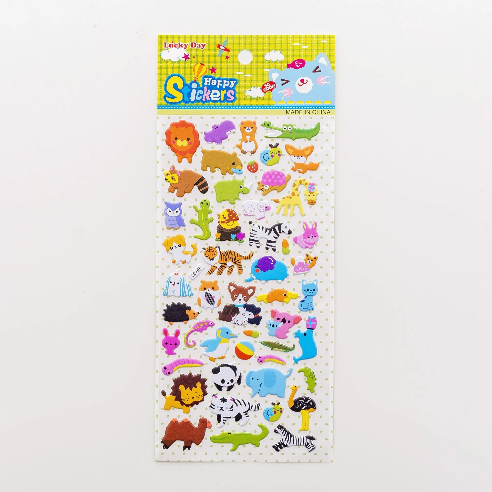Sheet of cartoon-themed three-dimensional bubble stickers with raised surfaces on various designs like an alpaca, dinosaur, and bow tie cat.