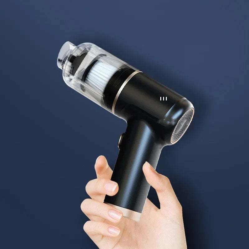 Black wireless car vacuum cleaner with multiple nozzle attachments and inflation function