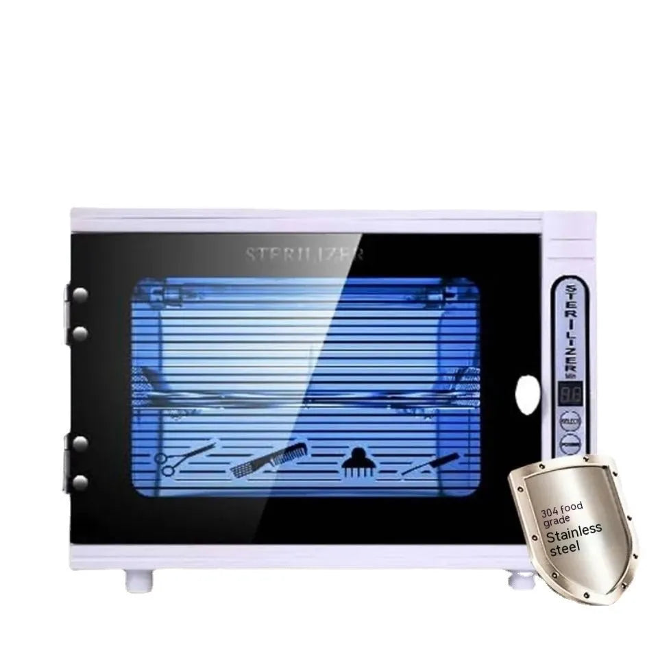 Silver mini UV sterilizer unit with stainless steel interior chamber for tool disinfection