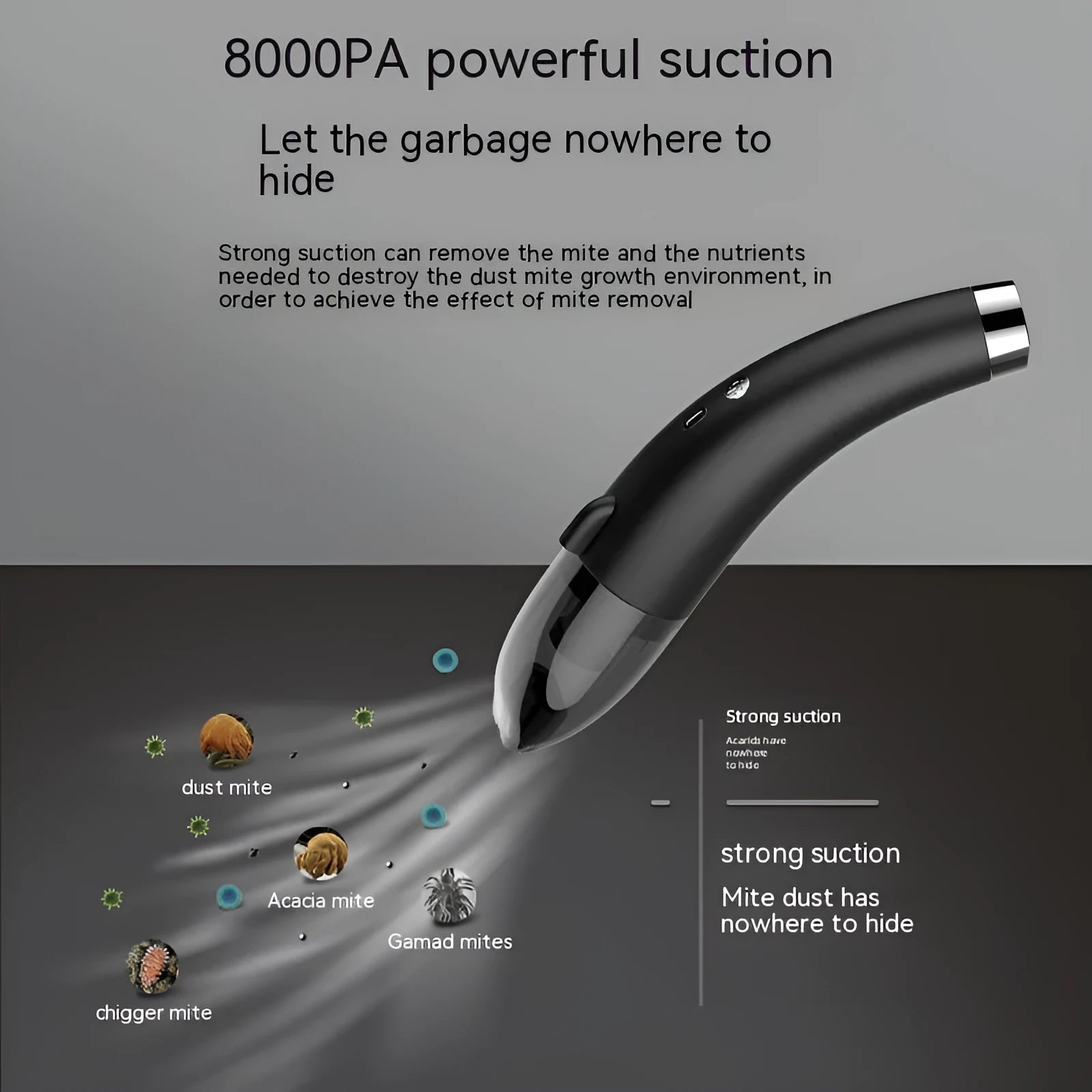 Handheld portable car vacuum cleaner in black with USB charging cable and dust collection compartment