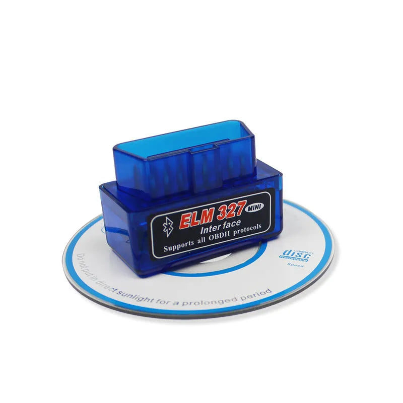 Compact black ELM327 Bluetooth OBD2 diagnostic scanner for car fault codes and live data.